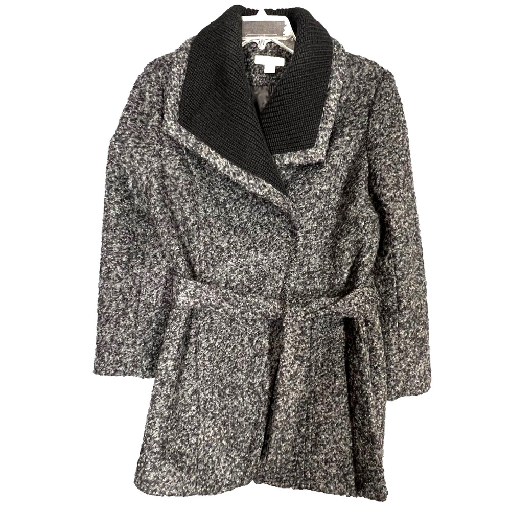 Coldwater Creek Coat Womens Medium Gray Wool Blend Belted Jacket Knit Collar